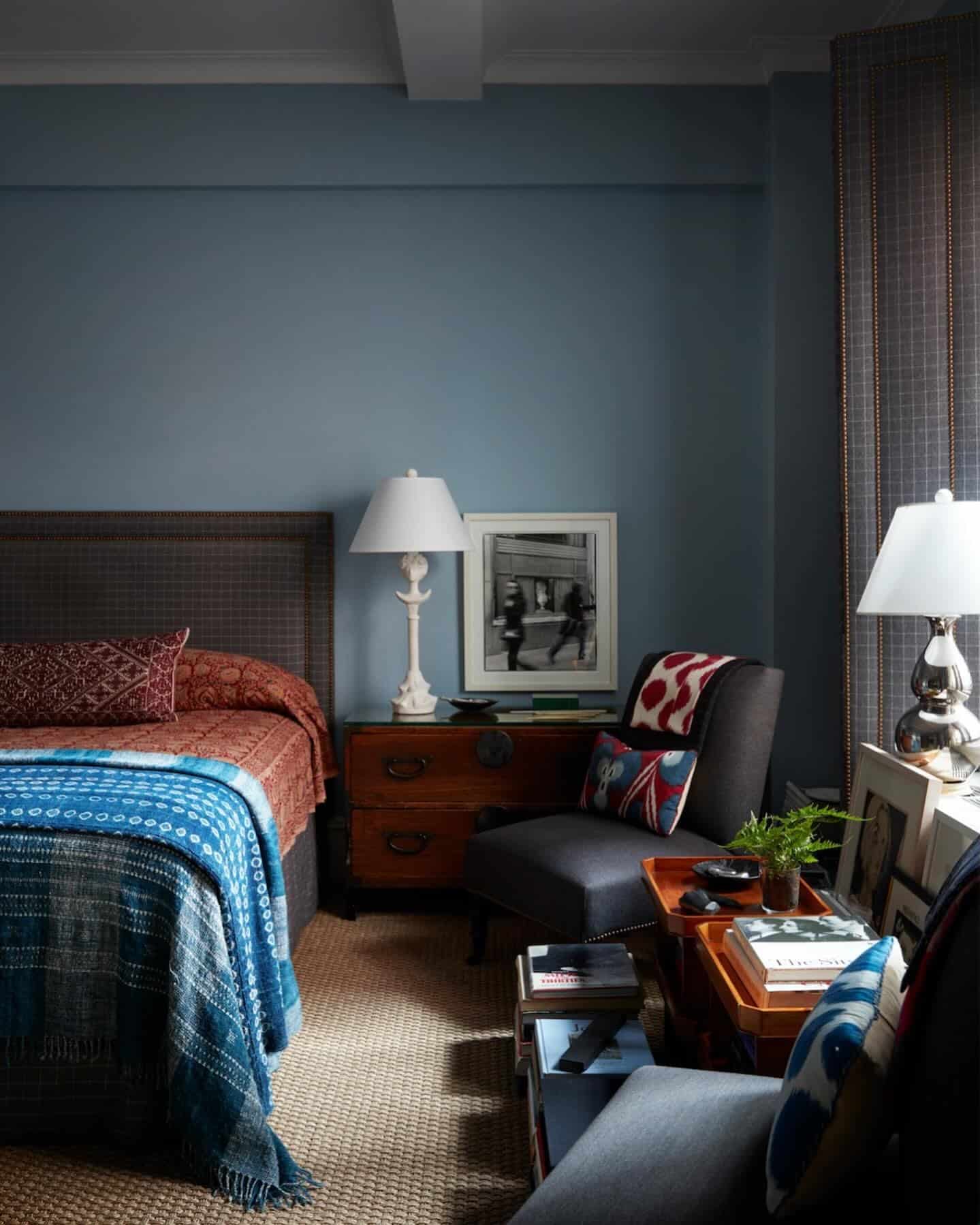5. Eclectic Layers with Indigo and Red Accents - grey and blue bedroom ideas