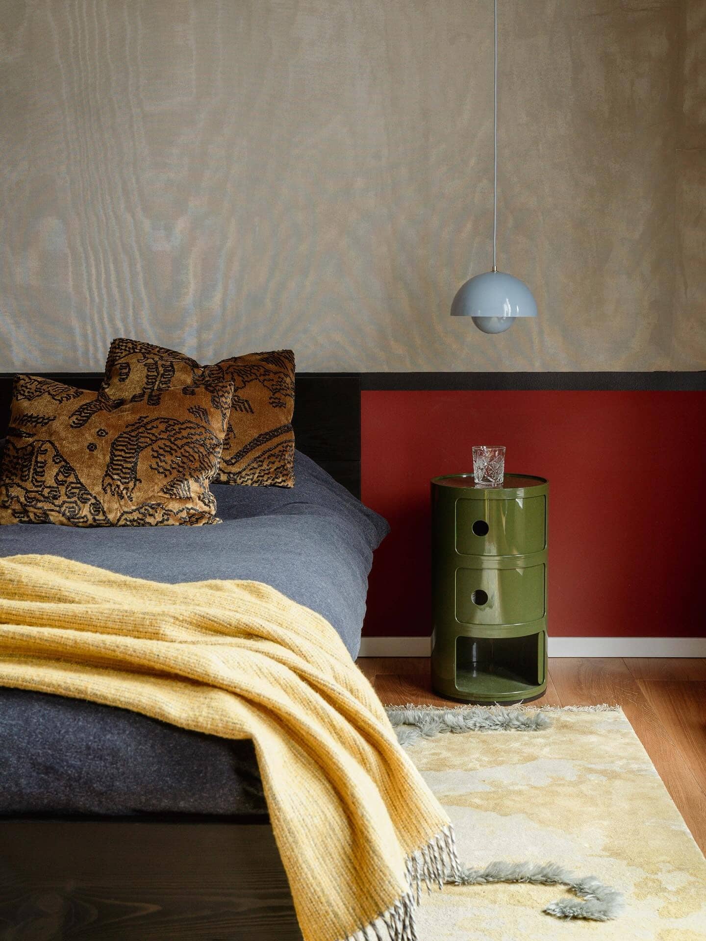 7. Modern Warmth with Mustard and Grey - grey and blue bedroom ideas