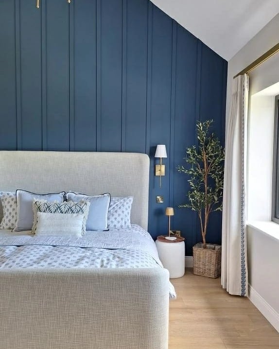 8. Refined Comfort in Navy and Linen - grey and blue bedroom ideas