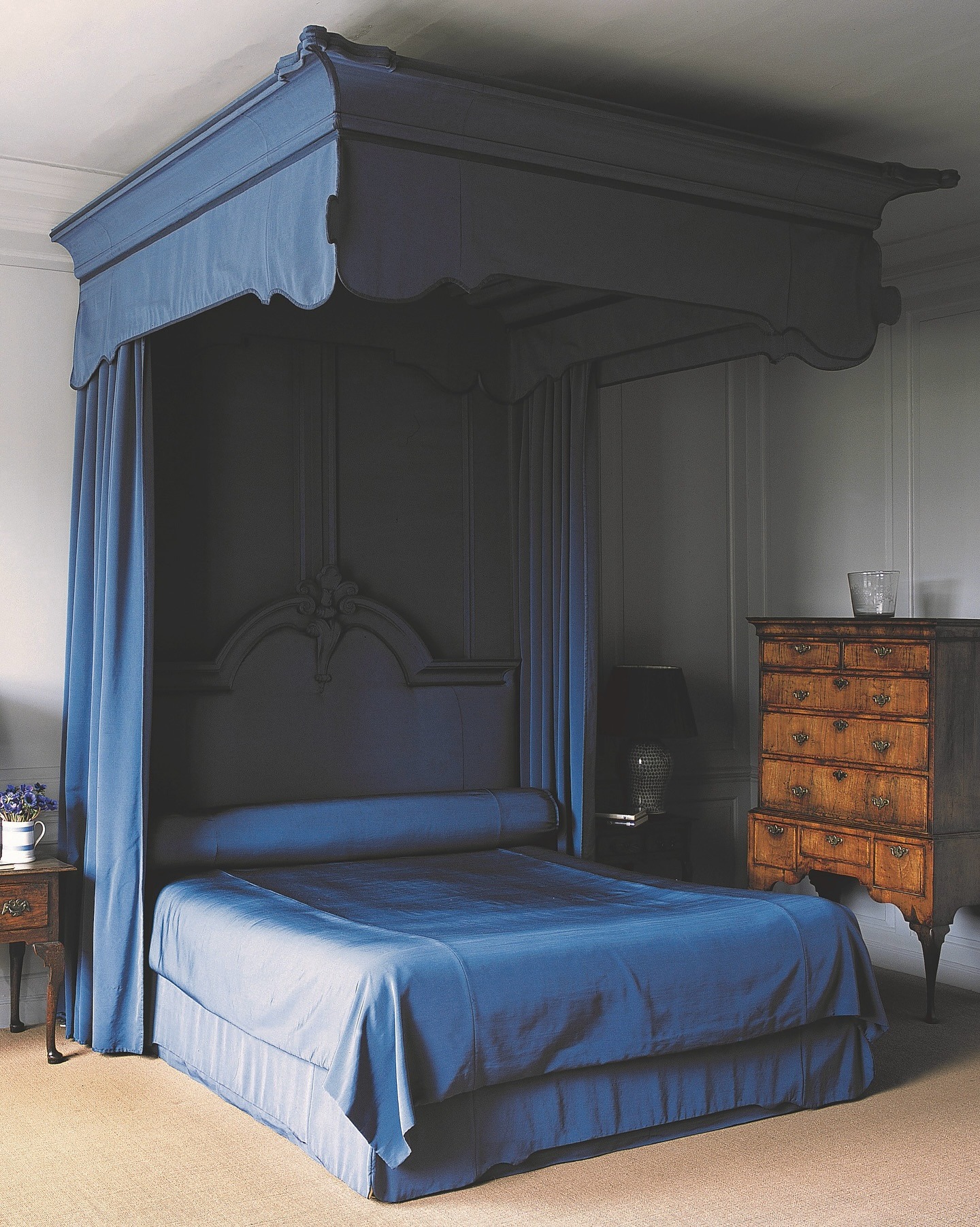 13. Dramatic Canopy in Deep Blue - grey and blue bedroom ideas
