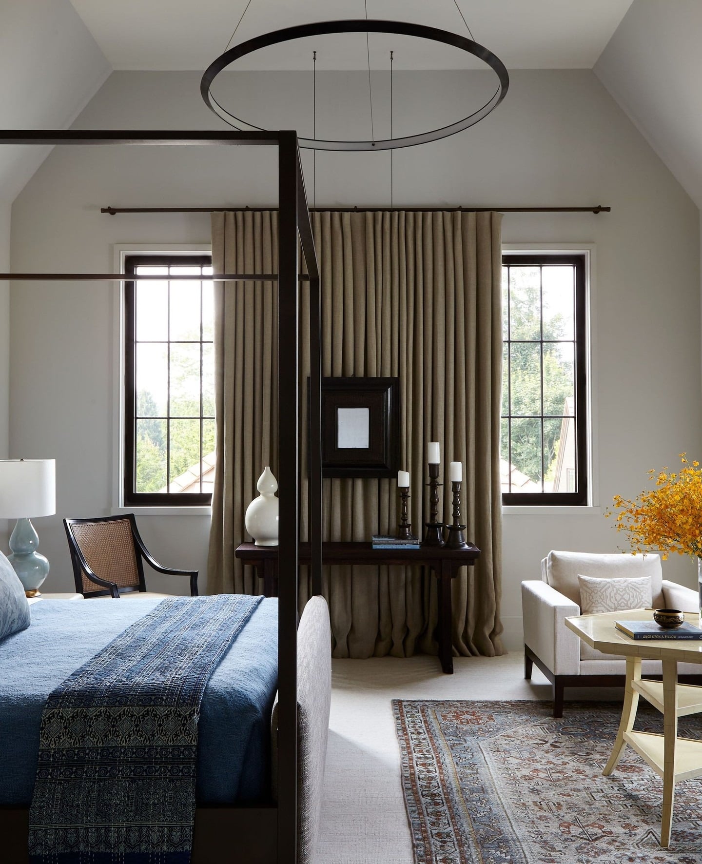14. Transitional Elegance with Indigo and Taupe - grey and blue bedroom ideas