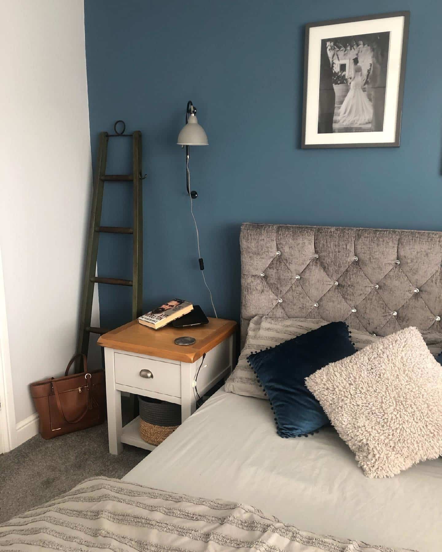 18. Bold Accent Wall with Velvet Touches - grey and blue bedroom ideas