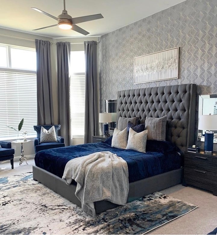 21. Luxe Texture in Grey and Midnight Blue - grey and blue bedroom ideas