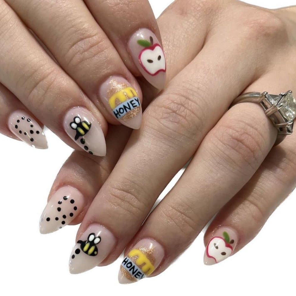 12. Honey Pot and Apple Bee Nails - bee nail ideas
