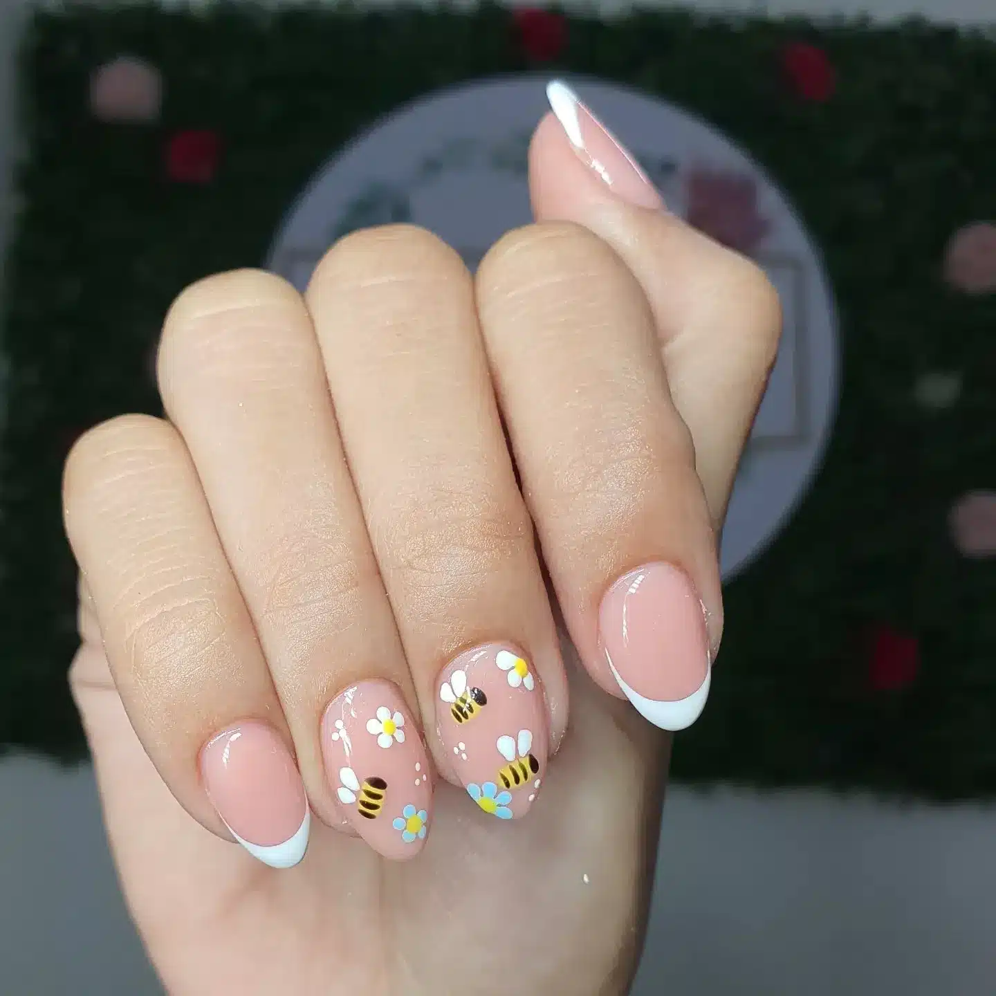 21. French Tip Bee and Daisy Nails - bee nail ideas