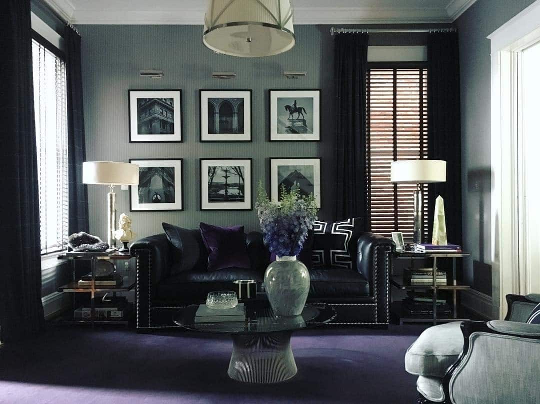 2. Dramatic Charcoal with Purple Accents - black and gray living room ideas