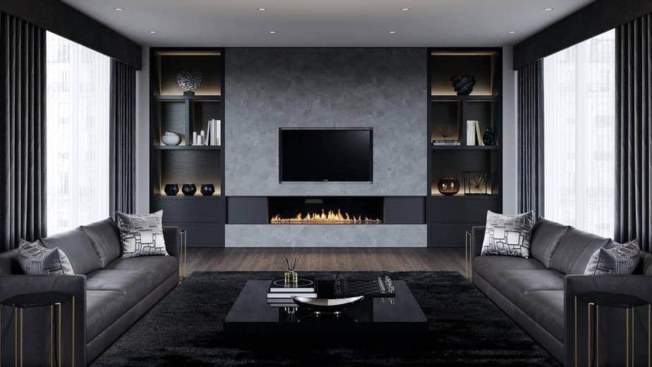 3. Modern Minimalist with Linear Fire Feature - black and gray living room ideas