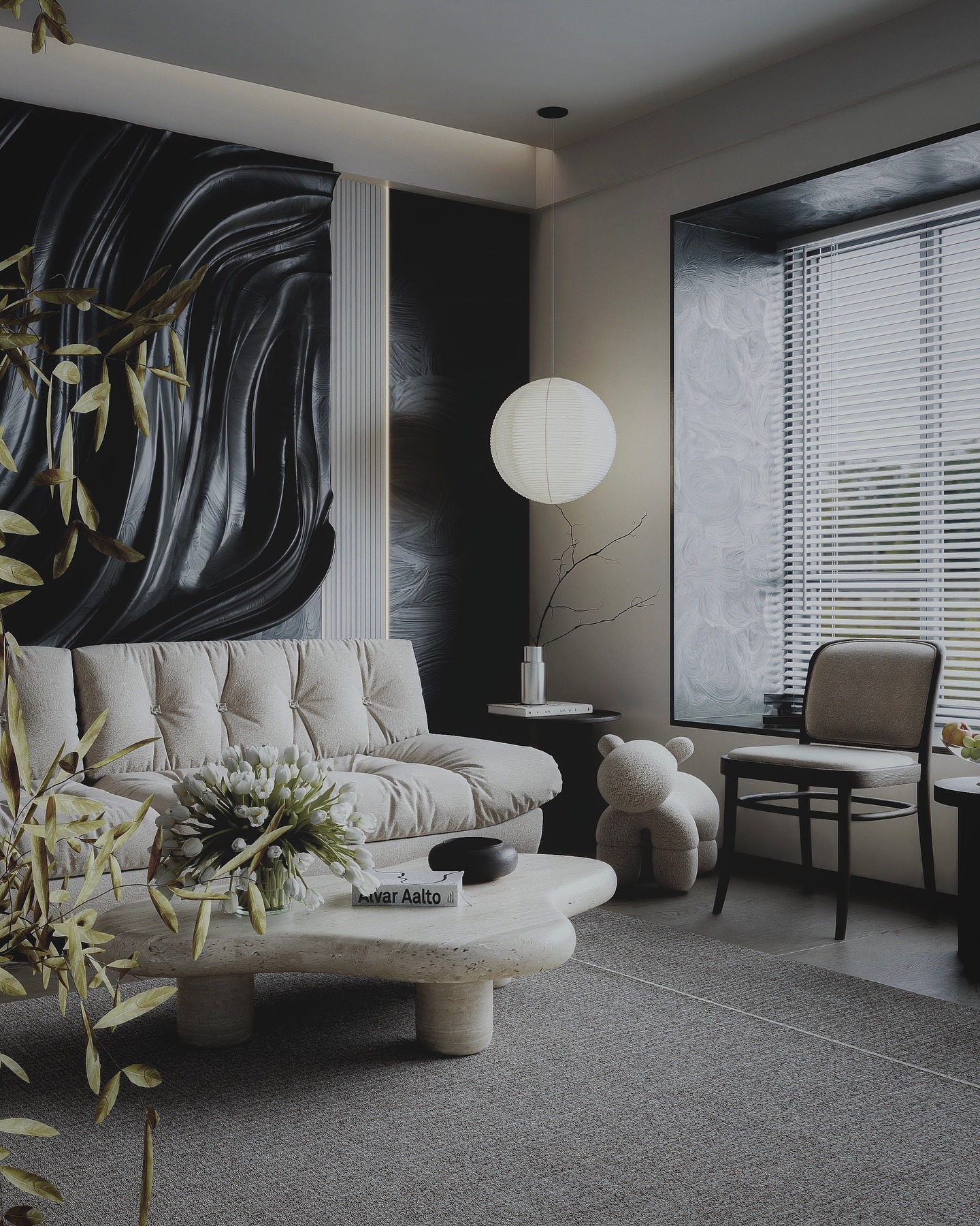 5. Artistic Contrast with Sculptural Accents - black and gray living room ideas