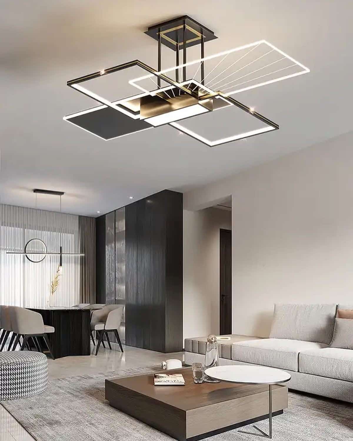 16. Minimalist Contrast with Geometric Lighting - black and gray living room ideas