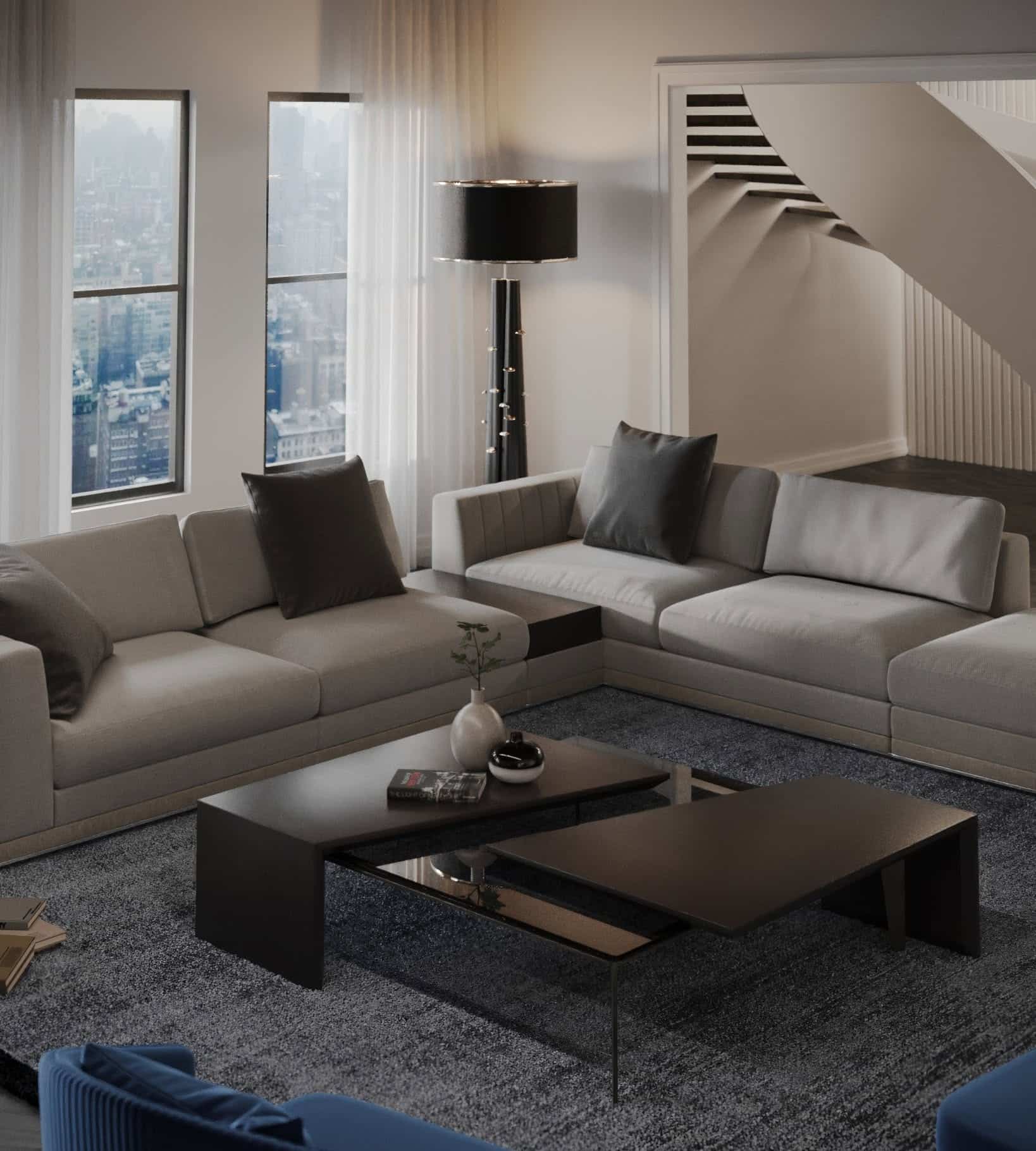 17. City-View Elegance with Deep Gray Layers - black and gray living room ideas