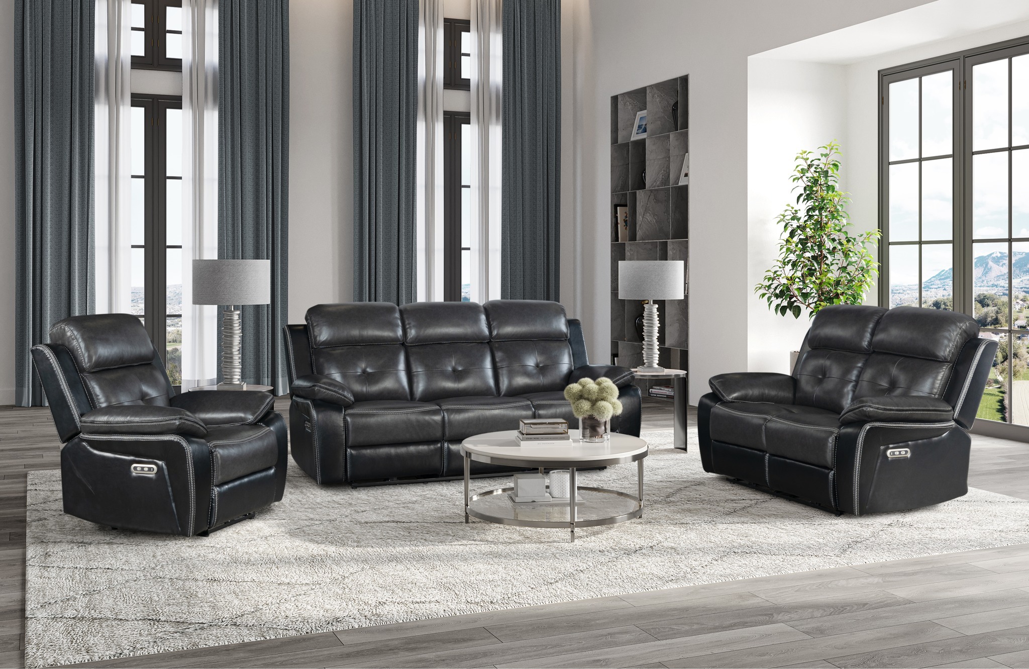 20. Comfort-Driven Black Leather with Gray Backdrop - black and gray living room ideas