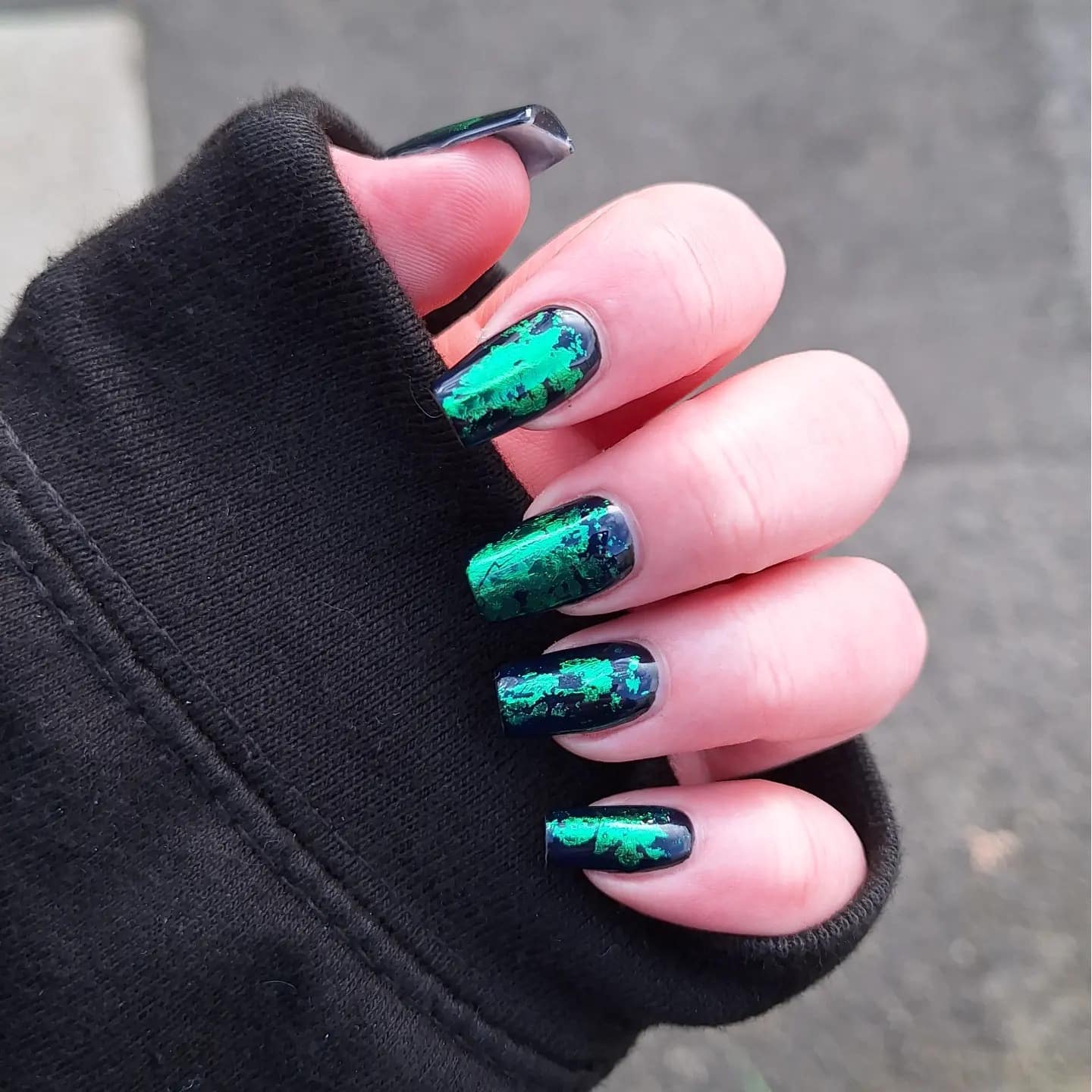 5. Foil-Tipped Square Nails - black and green nail ideas