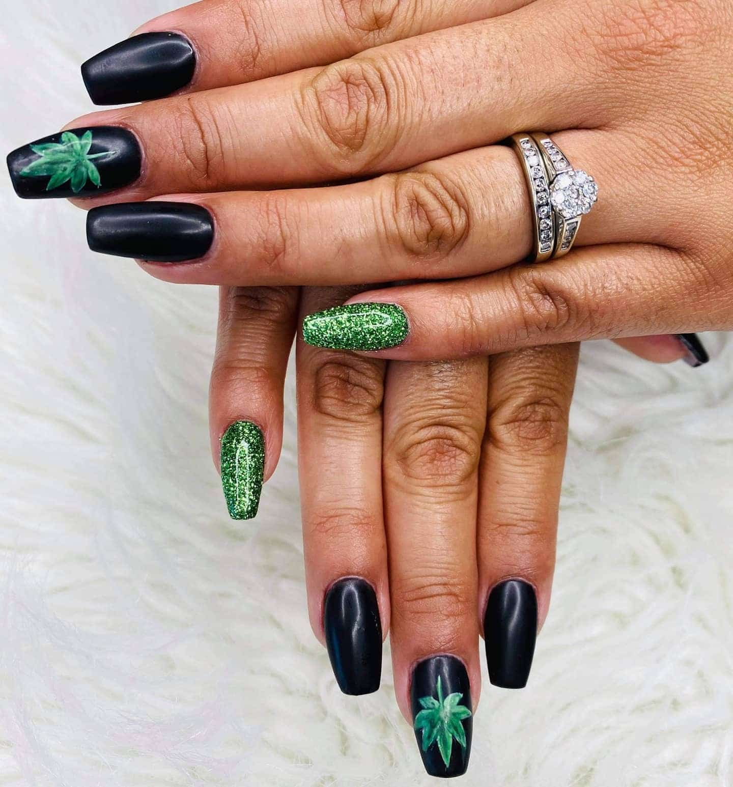 7. Matte Leafy Accents - black and green nail ideas