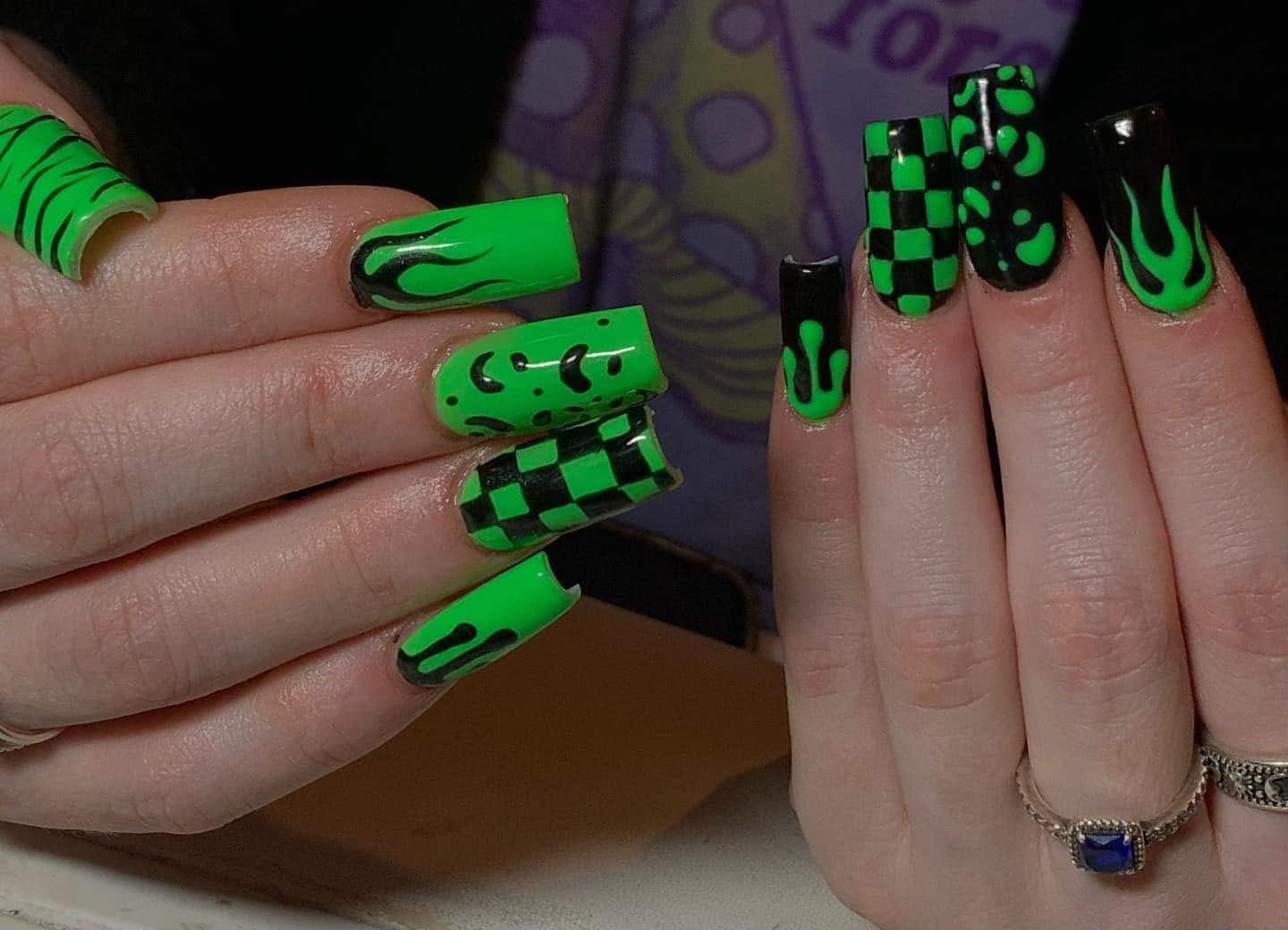 15. Neon Checkerboard Mix - black and green nail ideas