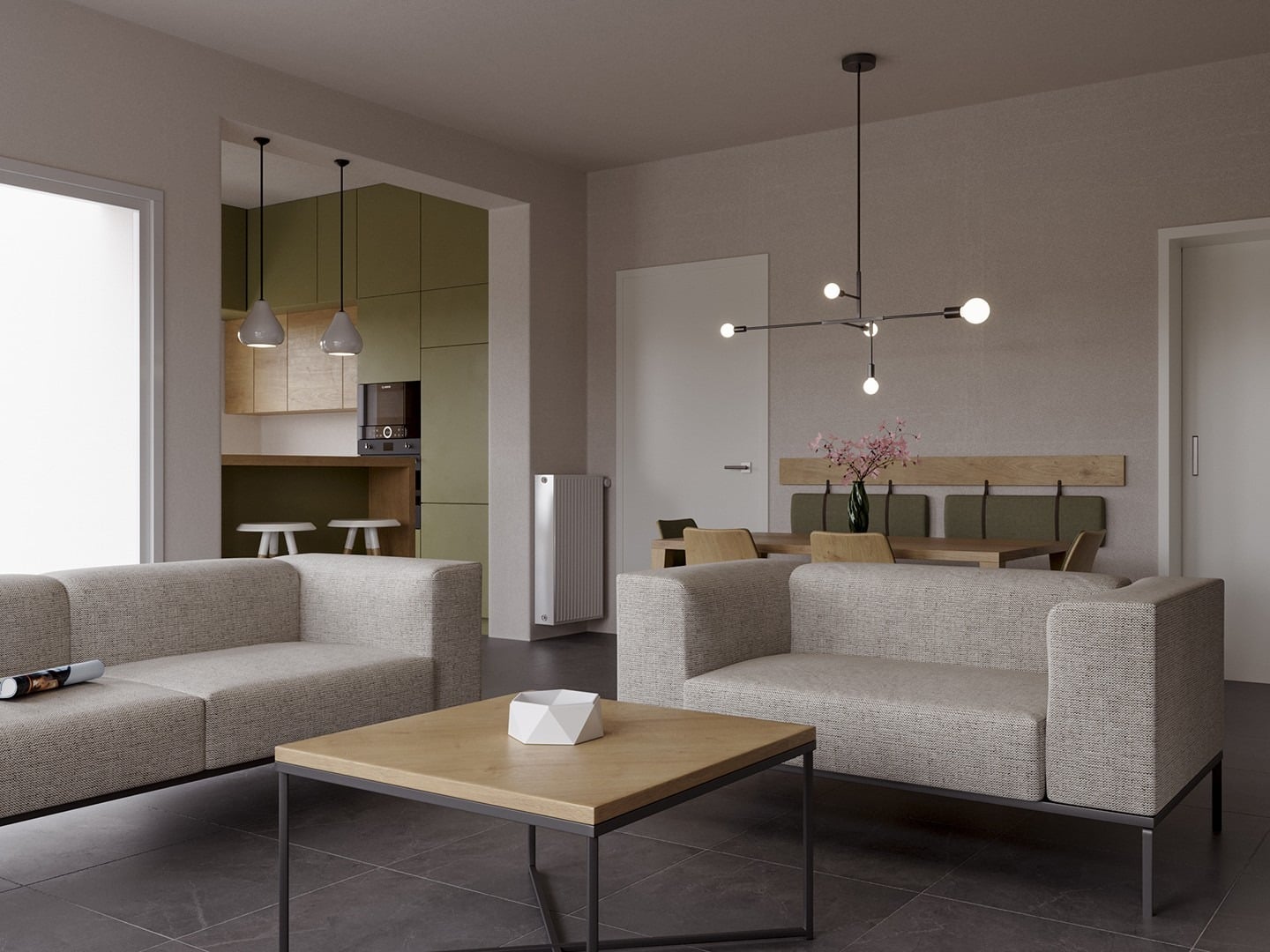 9. Clean Minimalism with Olive-Toned Accents - kitchen and living room ideas