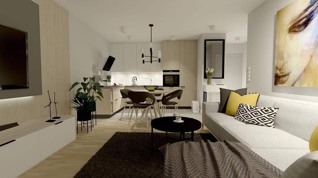 12. Compact Elegance with Monochrome and Yellow Pops - kitchen and living room ideas