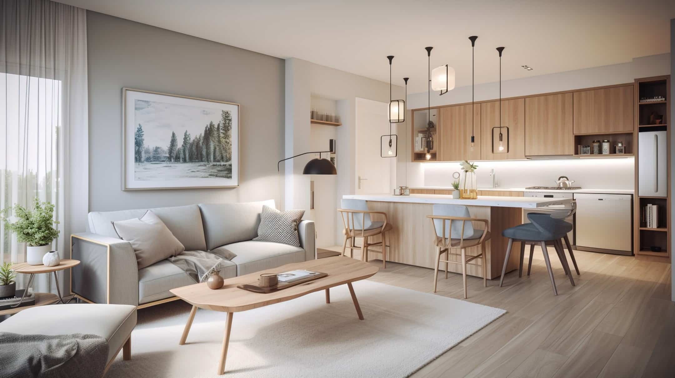 20. Soft Minimalism with Natural Wood and Grey Accents - kitchen and living room ideas