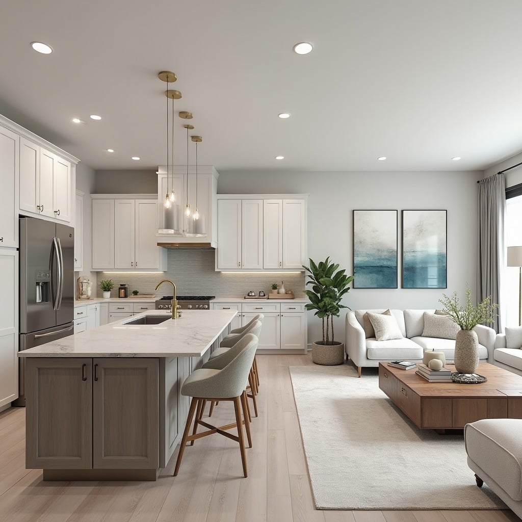 22. Classic Comfort with White Cabinetry and Natural Textures - kitchen and living room ideas