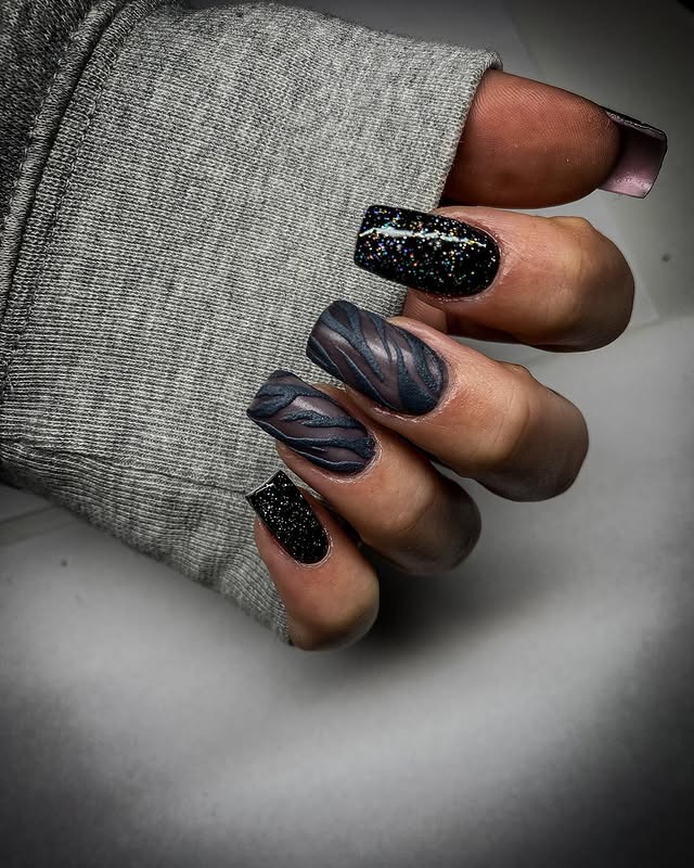 4. Matte Zebra Texture with Glitter Contrast - black and grey nail ideas