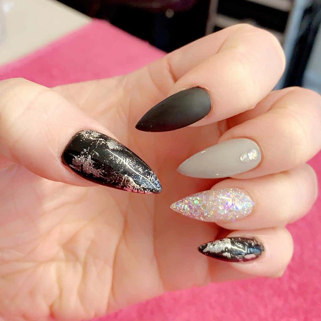 13. Mixed Textures with Sparkling Accents - black and grey nail ideas