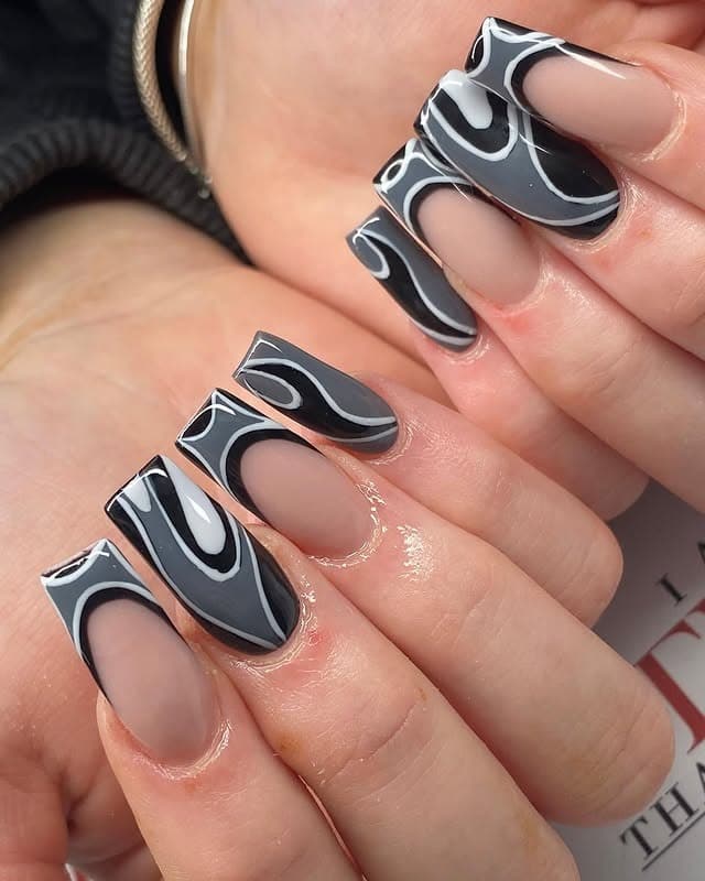 18. Black and Grey Swirl Art - black and grey nail ideas