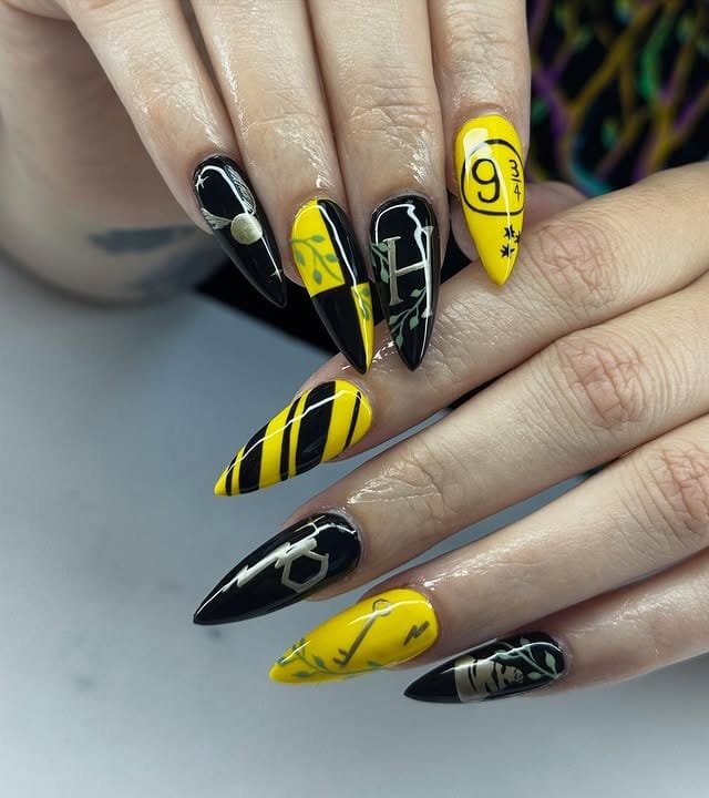 8. Hufflepuff-Inspired Fantasy Nails - black and yellow nail ideas