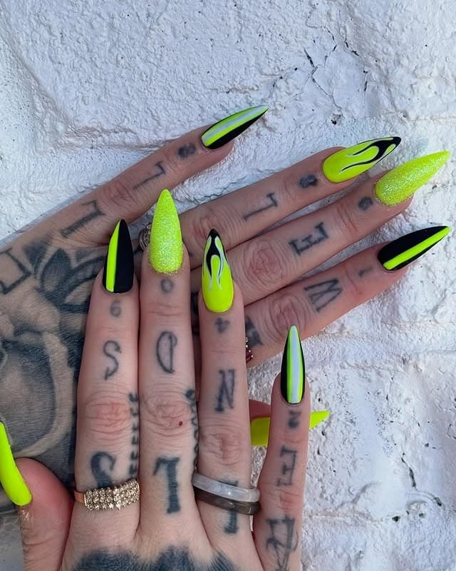 22. Neon Flame and Texture Nails - black and yellow nail ideas