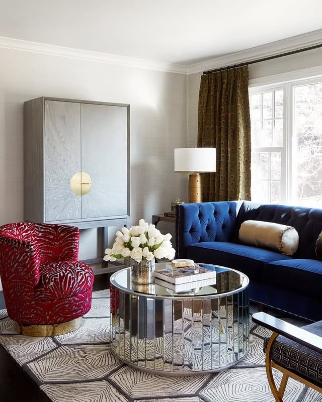 1. Glamour with a Modern Edge - navy blue couch living room ideas
