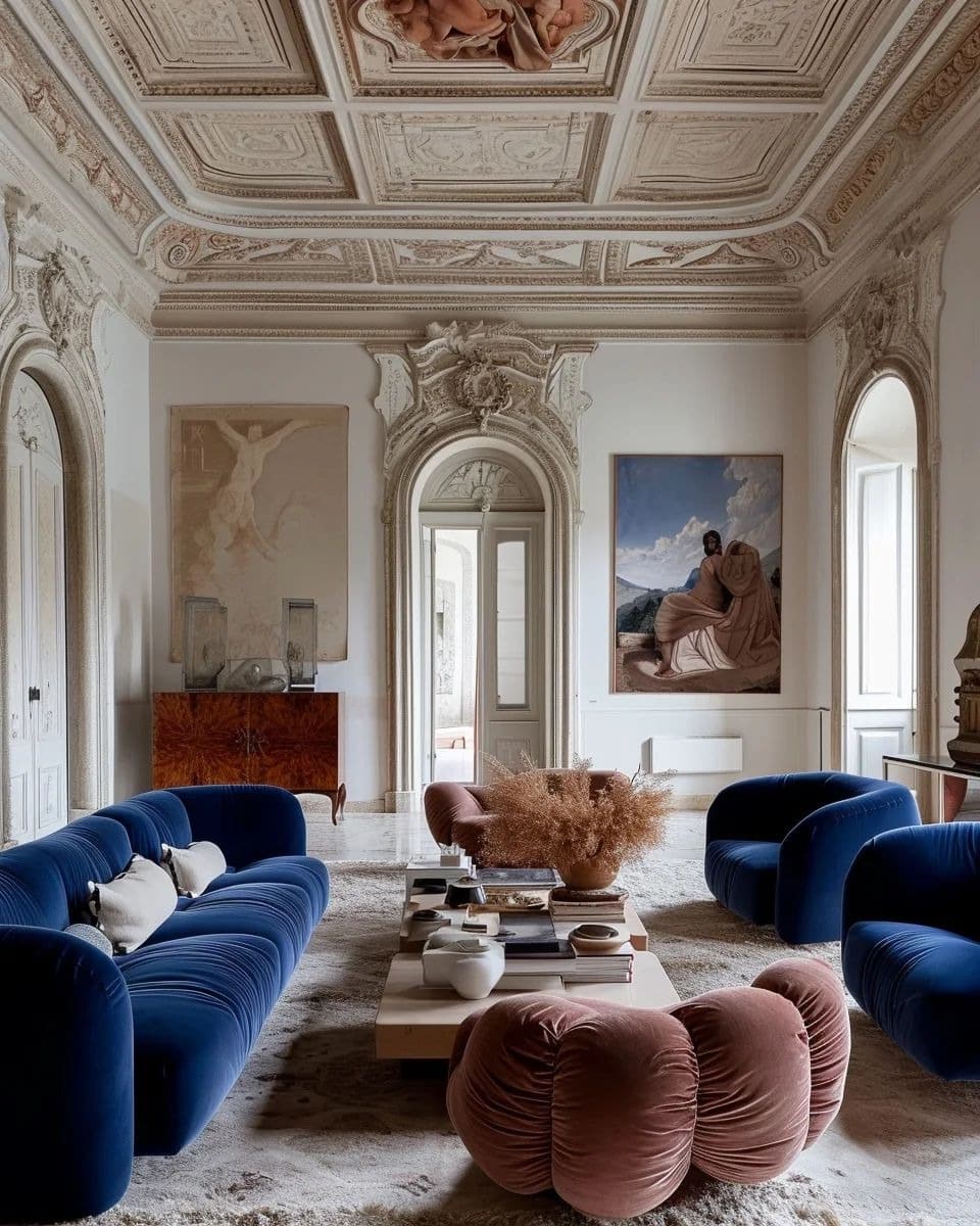 5. Dramatic Old-World Luxury - navy blue couch living room ideas