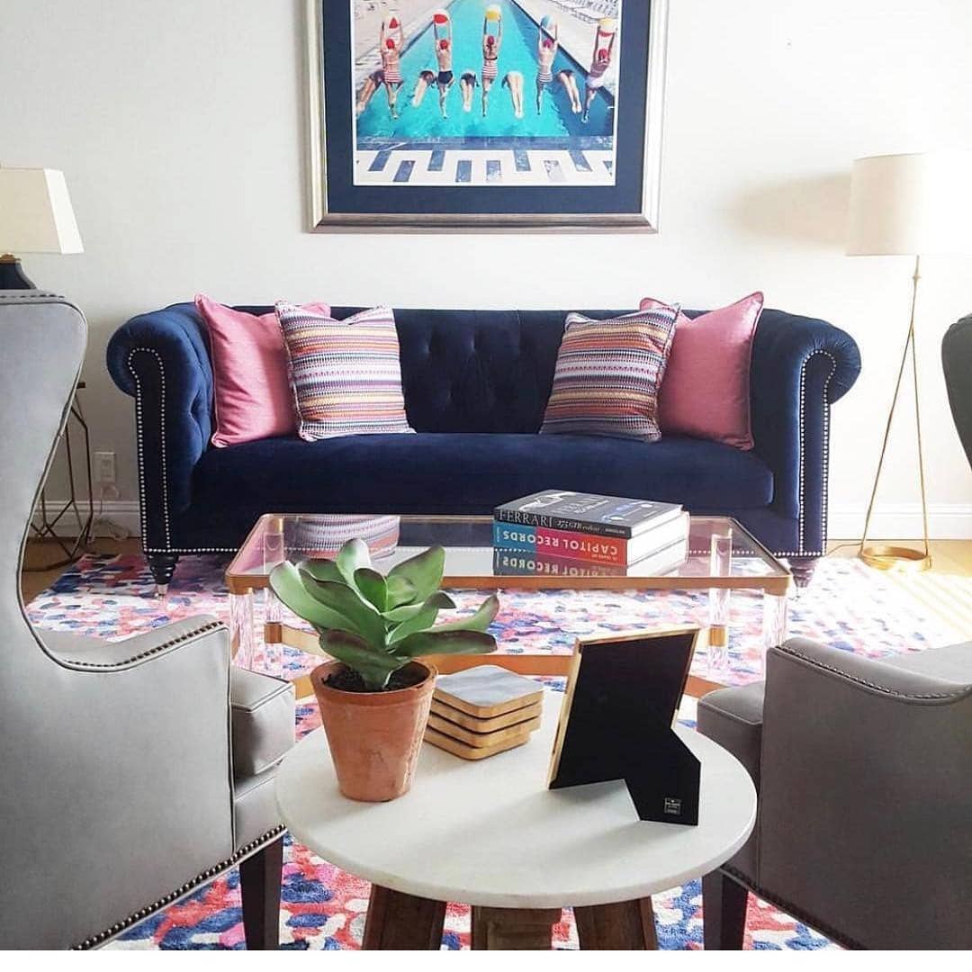 8. Playful Pops with Classic Navy - navy blue couch living room ideas