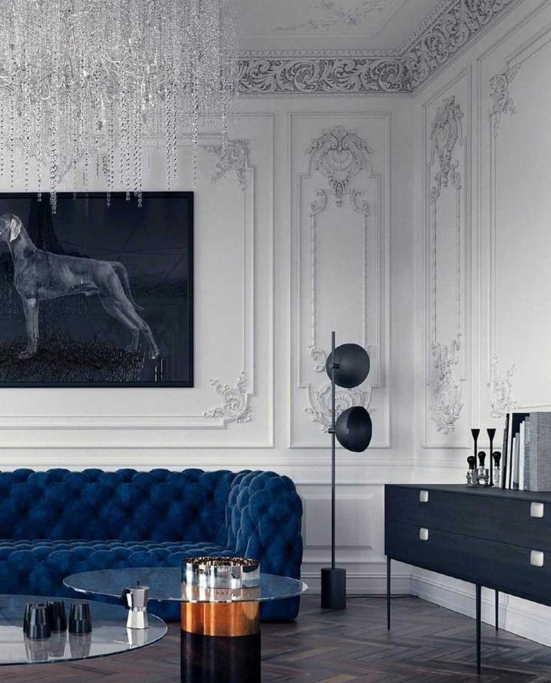 17. Dramatic Glamour with Crystal Accents - navy blue couch living room ideas