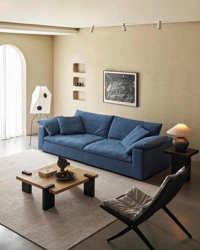 20. Minimal Modern with Soft Contrast - navy blue couch living room ideas
