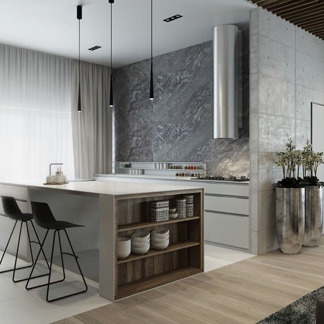 5. Industrial Grey with Stone Drama - grey kitchen ideas