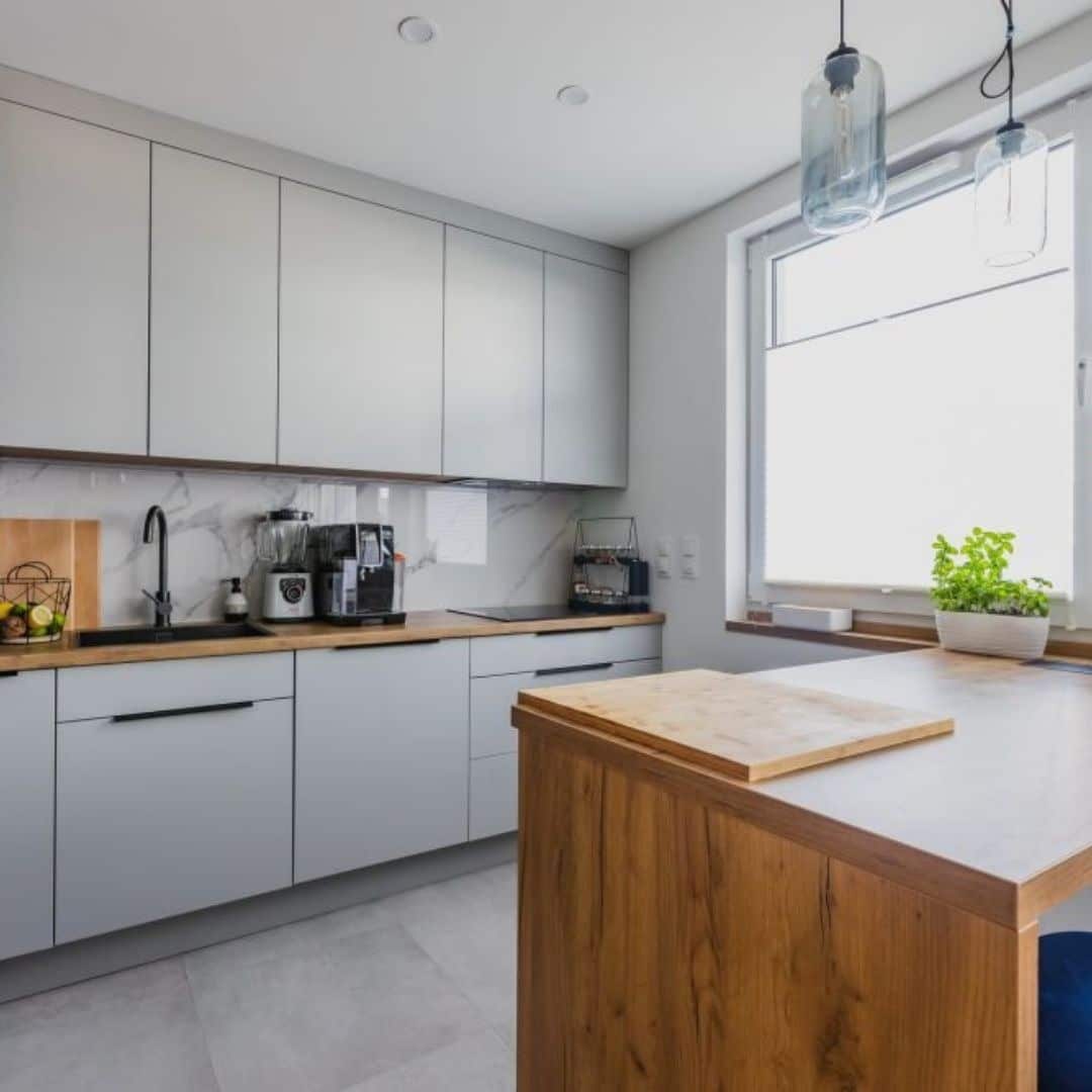 6. Grey and Wood Balance - grey kitchen ideas