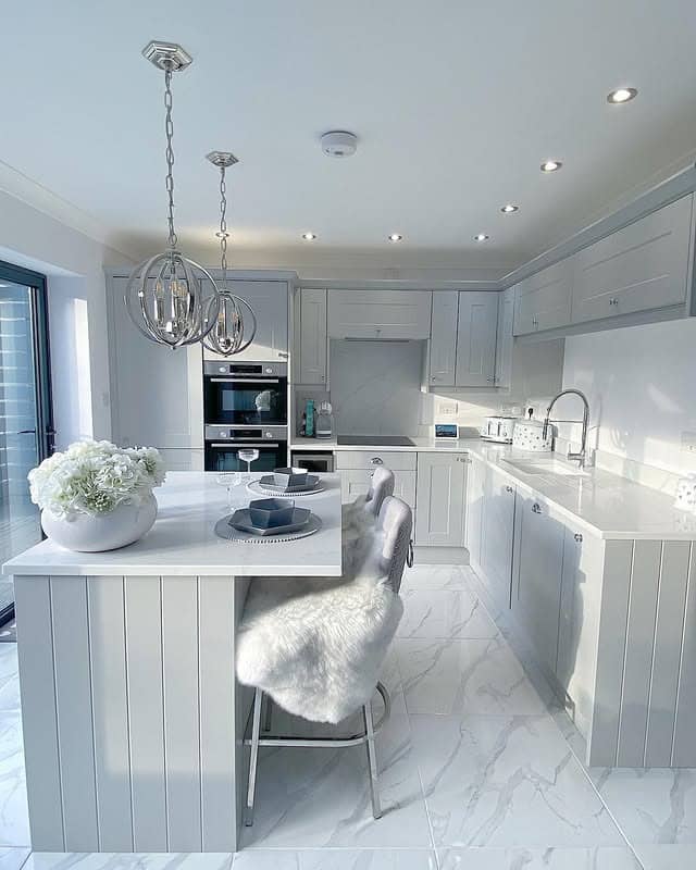 12. Light Grey Elegance with Luxe Touches - grey kitchen ideas