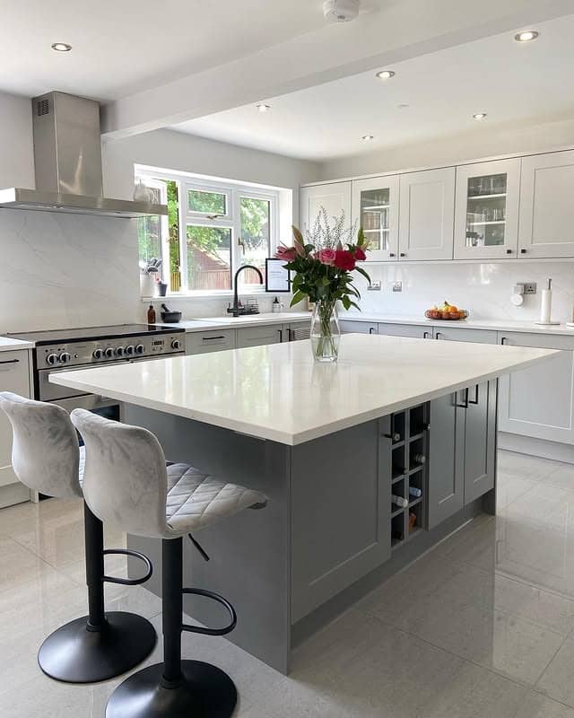 14. Grey and White Island Contrast - grey kitchen ideas