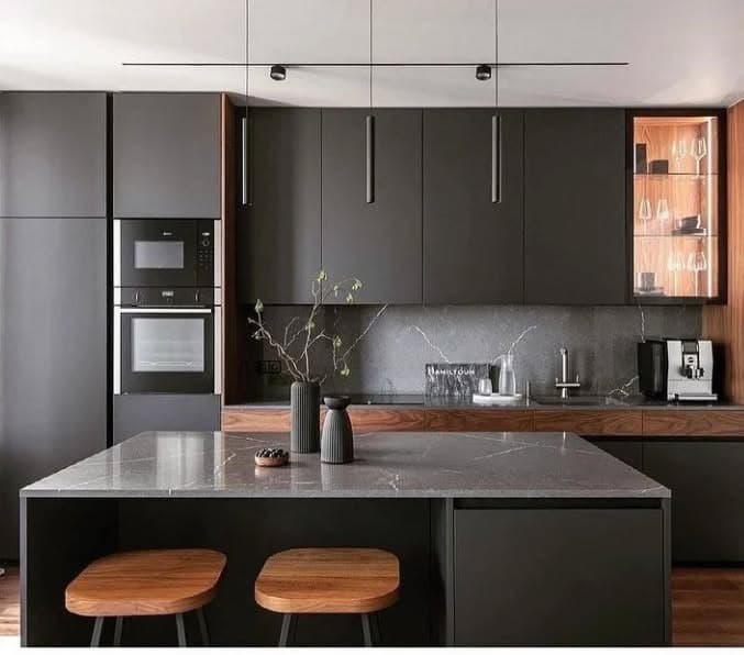 18. Charcoal and Wood Sophistication - grey kitchen ideas