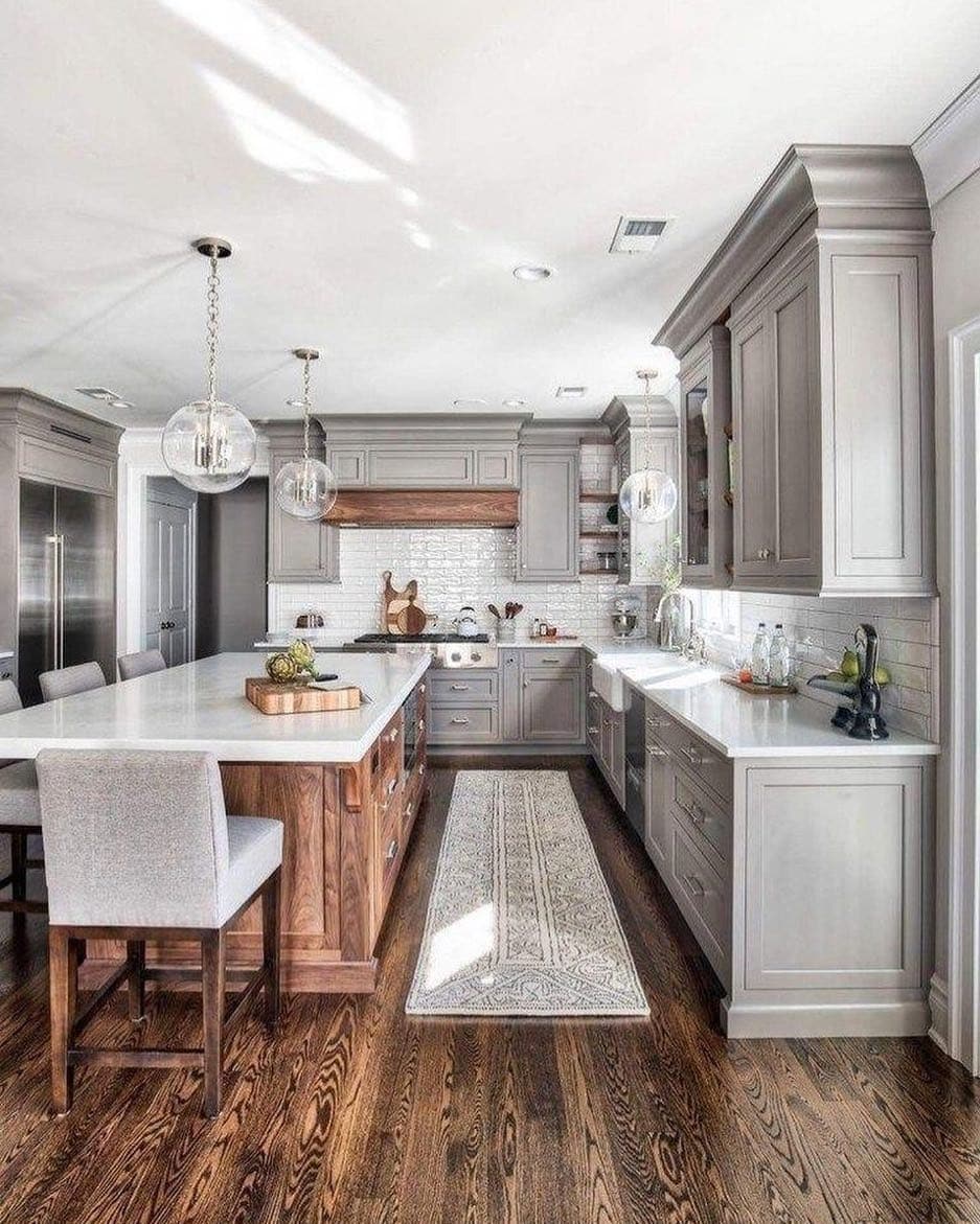 21. Classic Grey with Warm Wood Accents - grey kitchen ideas