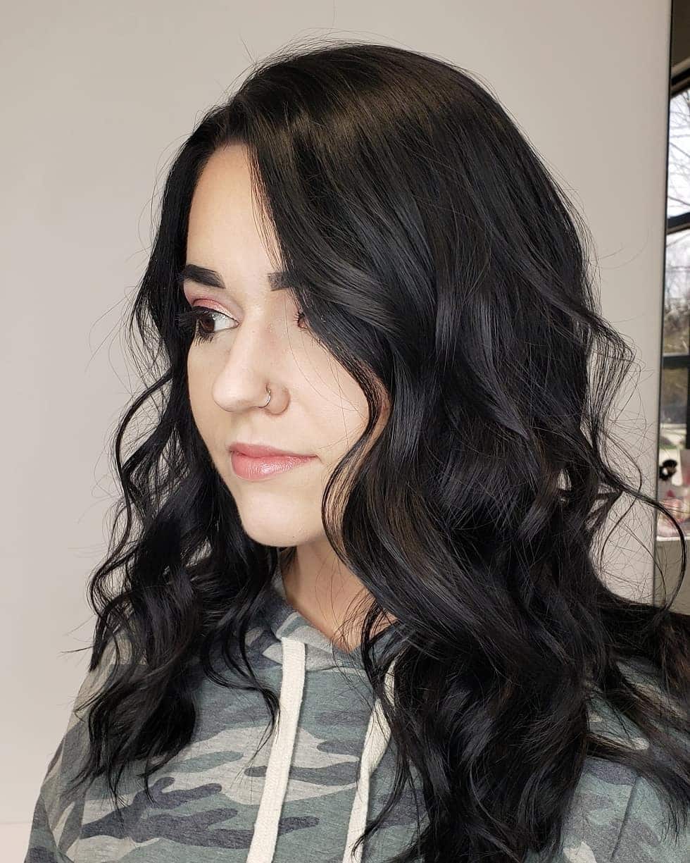 3. Textured Mid-Length Waves in Soft Black - Soft Black Hair Color