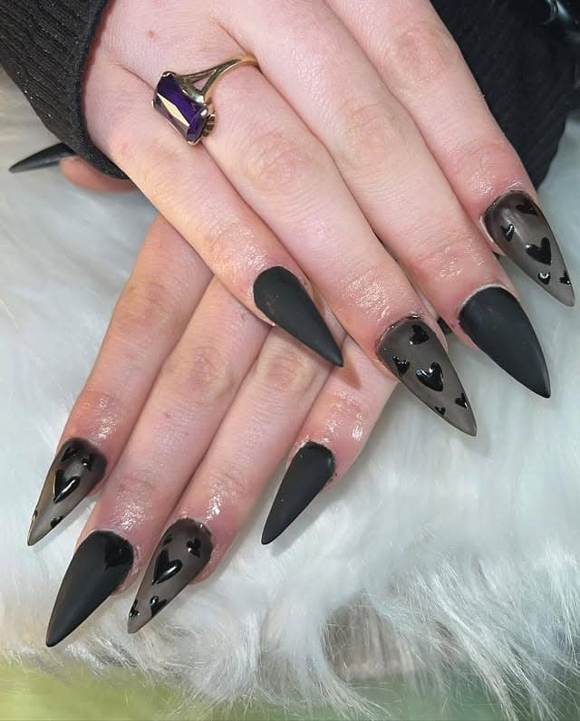 5. Matte Black Stiletto with Smoky Hearts - black valentine nail ideas