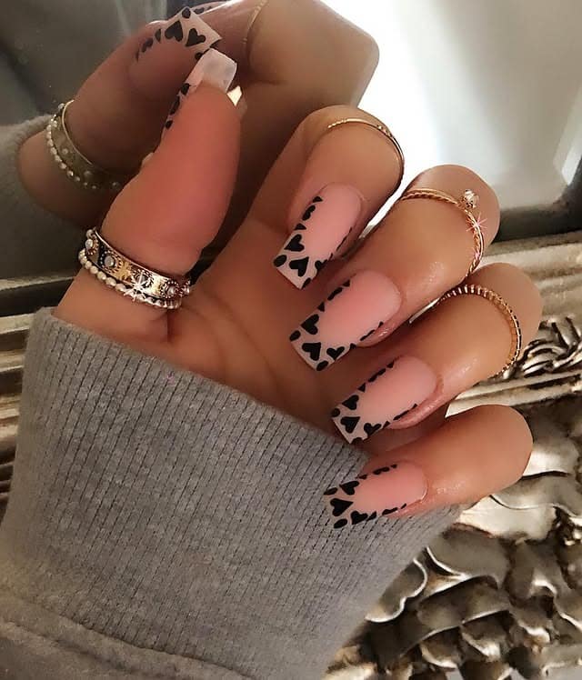 11. Matte Hearts on Square Tips - black valentine nail ideas