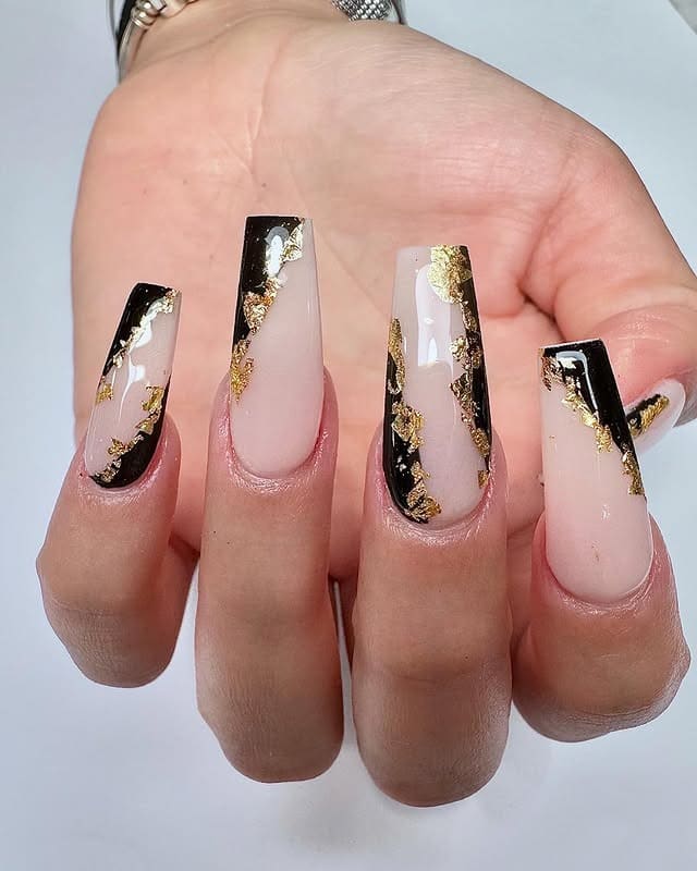 16. Black and Gold Leaf French - black valentine nail ideas