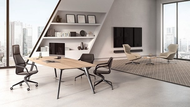 1. Angular Elegance with Neutral Contrast - cool office ideas