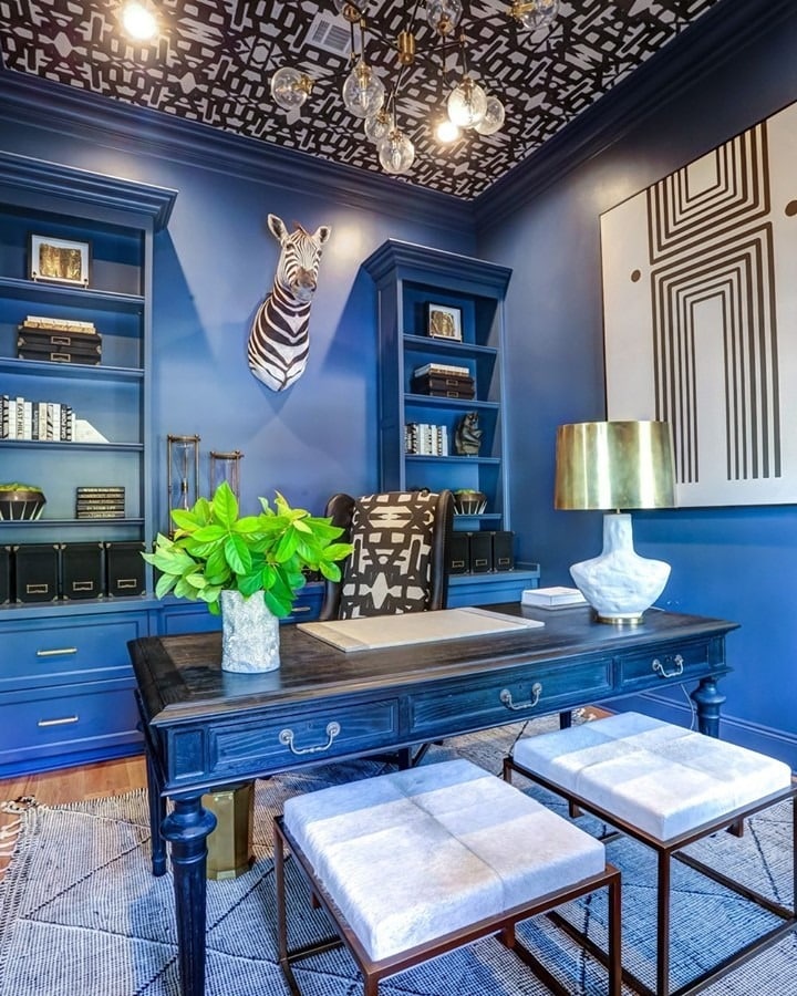 6. Bold Blue Study with Eclectic Touch - cool office ideas