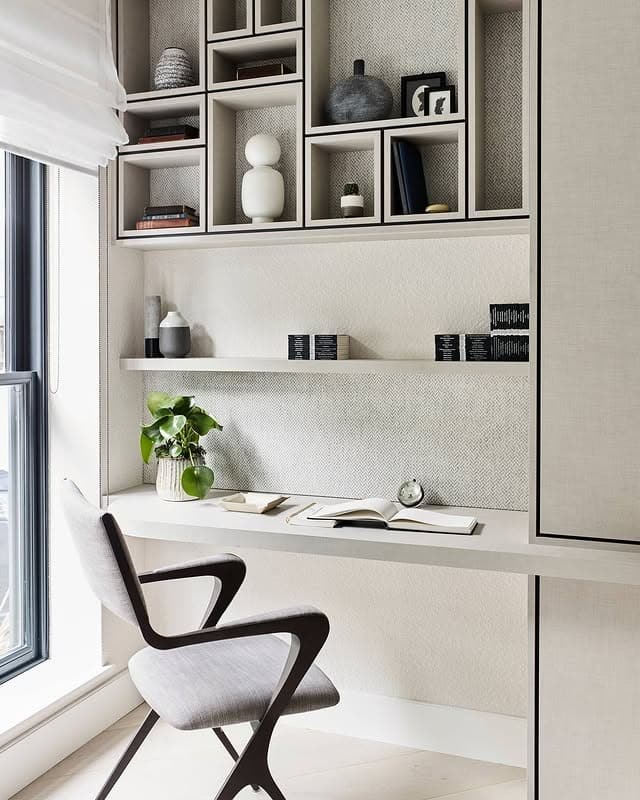 16. Minimalist Gray with Sculptural Shelving - cool office ideas