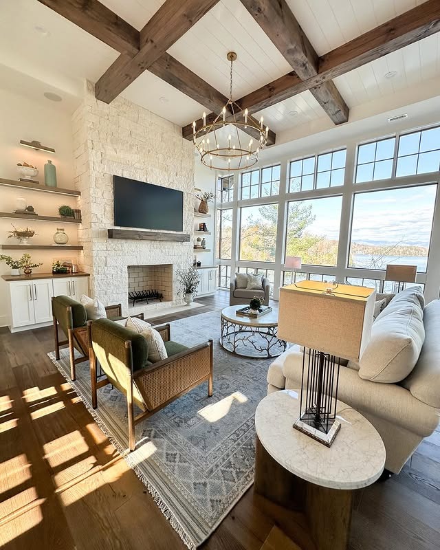 18. Bright Open Living with Stone Fireplace - open living room ideas