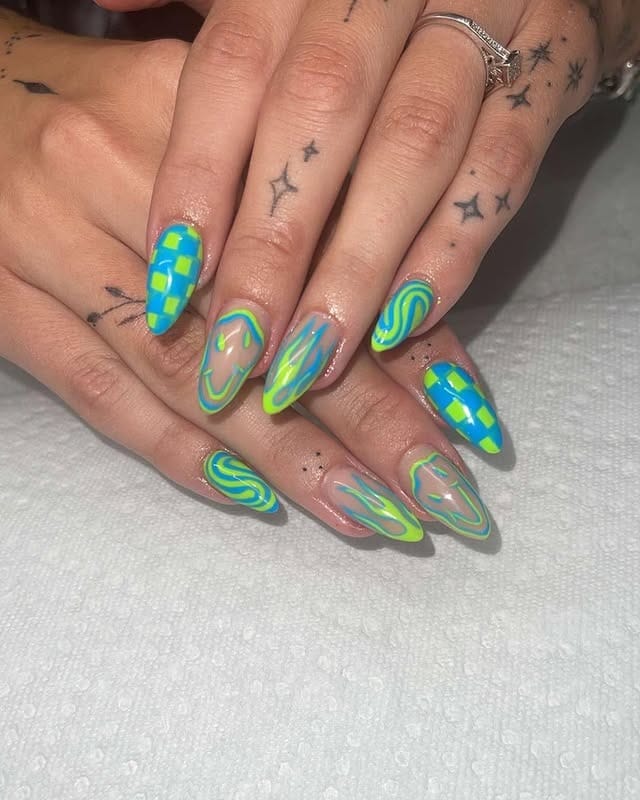 1. Electric Swirl Neon Nails - blue and green nail ideas