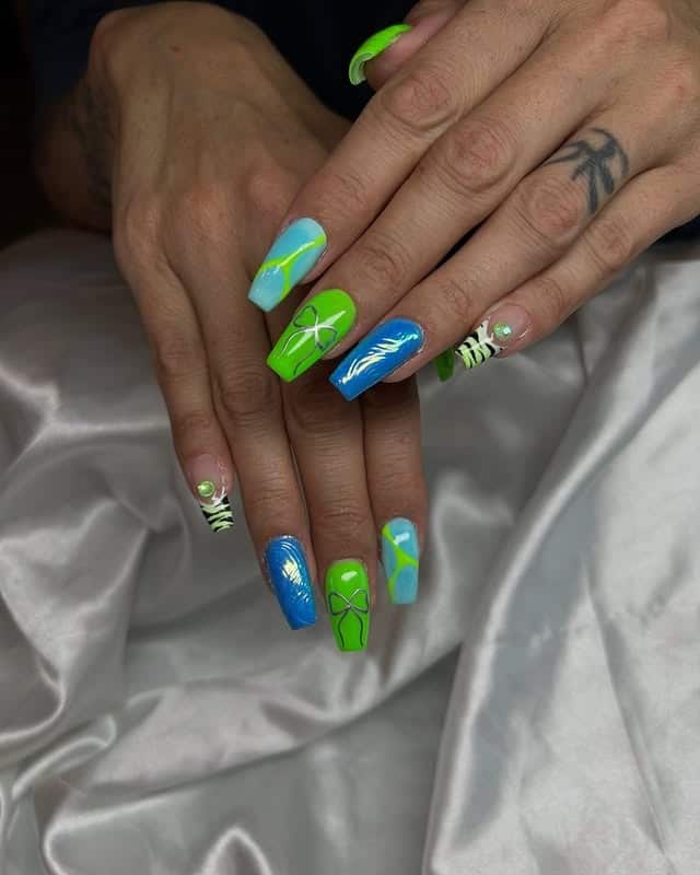 2. Modern Mix Art Nails - blue and green nail ideas
