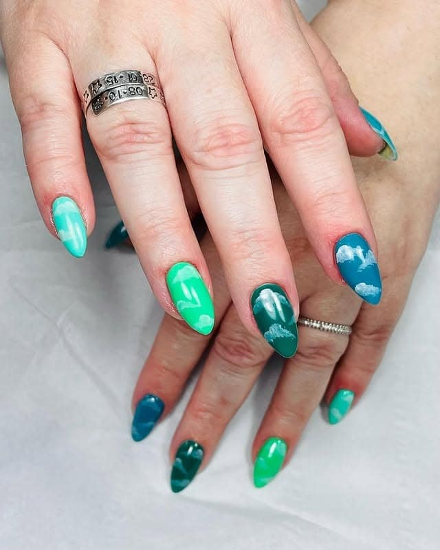 7. Cloudy Day Nails - blue and green nail ideas