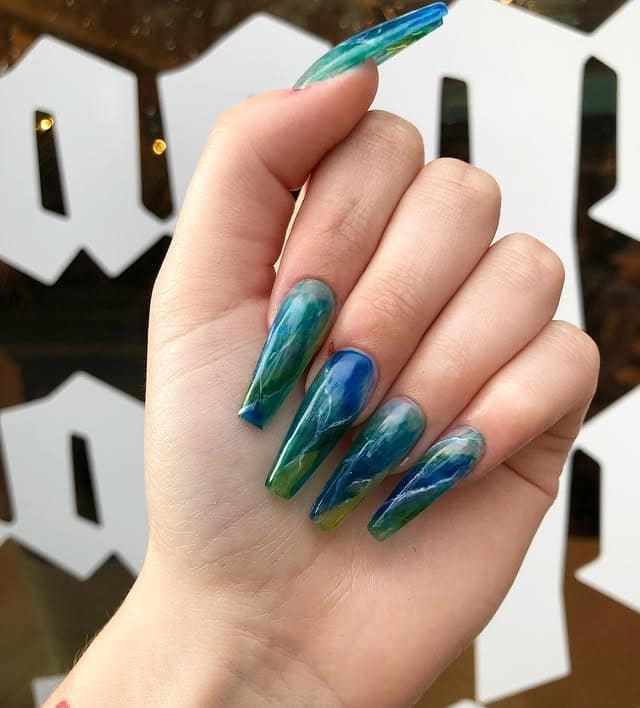 8. Aqua Marble Coffin Nails - blue and green nail ideas